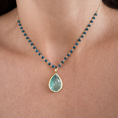 FotoPingente Gota Água Marinha em Dourado