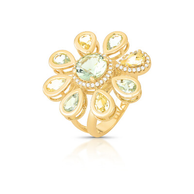 Foto Anel Flor Zircônia Brancas e Acquamarine em Dourado