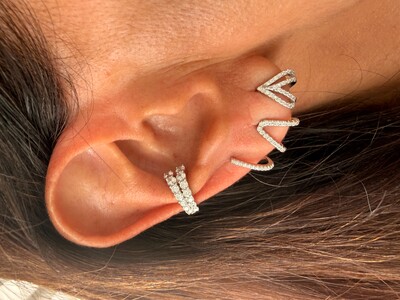 FotoPiercing Fake Duplo Cravejado com Zircônias em Prata 925