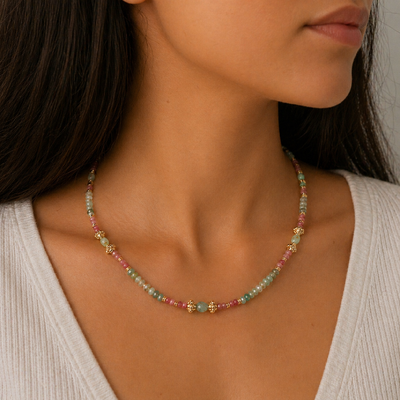 FotoColar Rodicrosita e Amazonita Entremeios Dourados