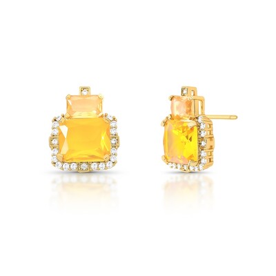 Foto Brinco Retangular com 2 Citrinos e Zircônias em Dourado