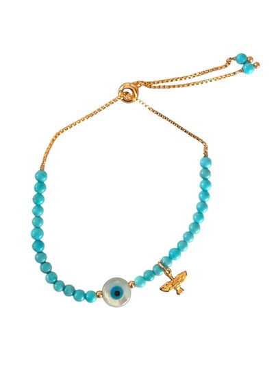 Foto Pulseira Shamballa Turquesa com Olho Grego e Espírito Santo em Dourado