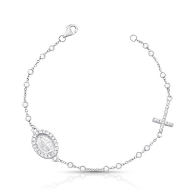 Foto Pulseira Bolinhas com Nossa Senhora e Cruz Cravejada com Zircônias em Prata 925