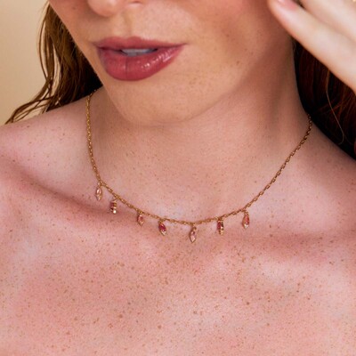 FotoColar Gotas em Quartzo Rosa e Zircônias em Dourado