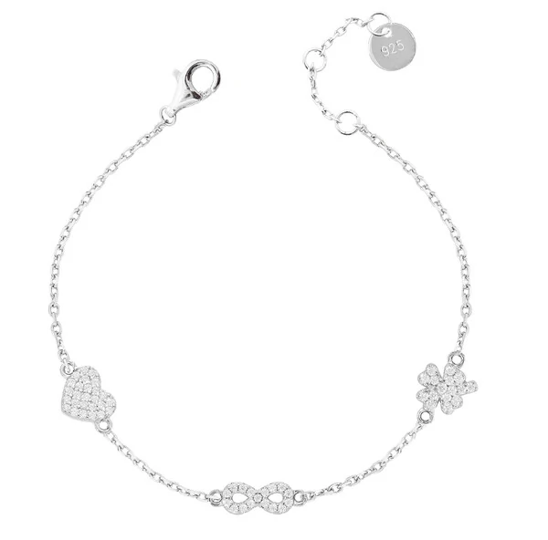 Pulseira Coração, Infinito e Trevo Cravejado com Zircônias em Prata 925