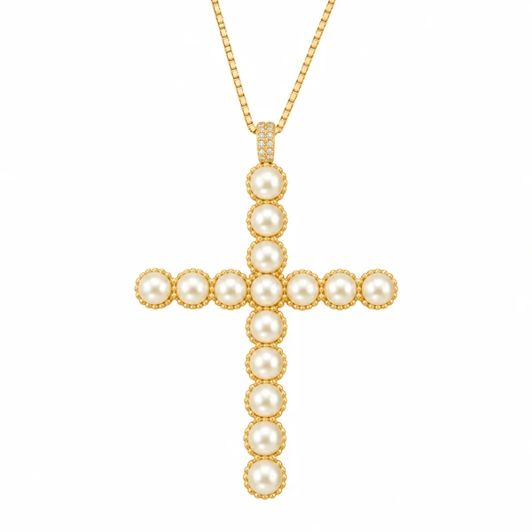 Colar Cruz em Pérolas Dourado