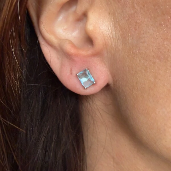 Brinco Retangular Água Marinha Fusion em Ródio