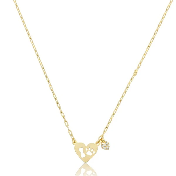 Colar Coração com Patinha e Mini Coração Cravejado com Zircônias em Dourado
