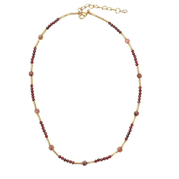 Colar Canutilhos Dourados com Granadas e Opalas em Dourado