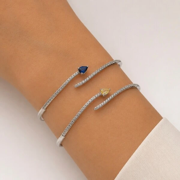 Bracelete Onda Cravejado com Gota em Ródio