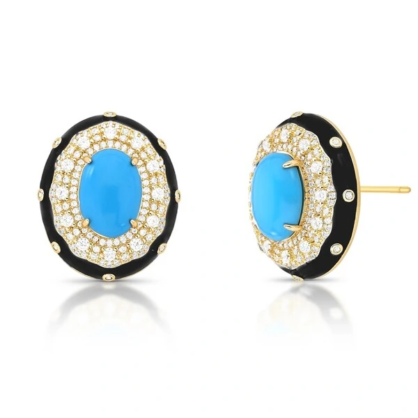 Brinco Oval com Turquesa, Esmaltado em Preto com Zircônias