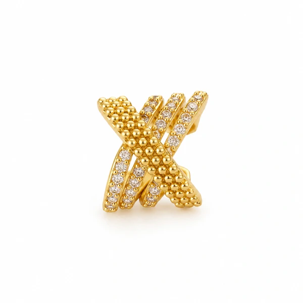 Piercing Fake X Três Linhas Cravejadas e Uma de Bolinhas em Dourado