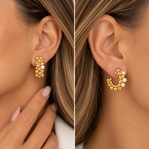 Brinco Argola Esferas e Pérolas em Dourado