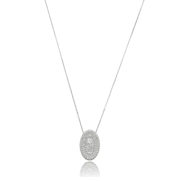Colar Nossa Sra Oval com Zircônias em Ródio