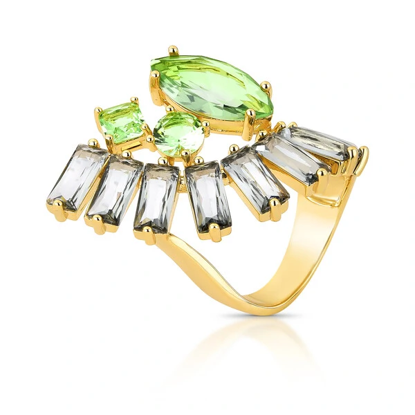 Anel Gota Aquamarine e Baguetes Cinzas em Dourado