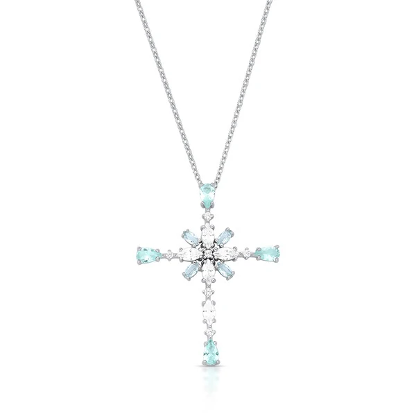 Colar com Cruz Grande com Água Marinha Fusion e Zircônias em Prata 925