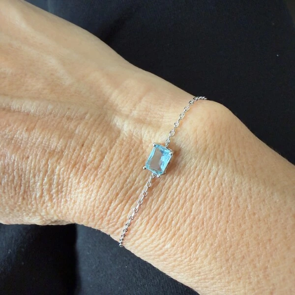 Pulseira Fininha com Retângulo Água Marinha Fusion em Ródio