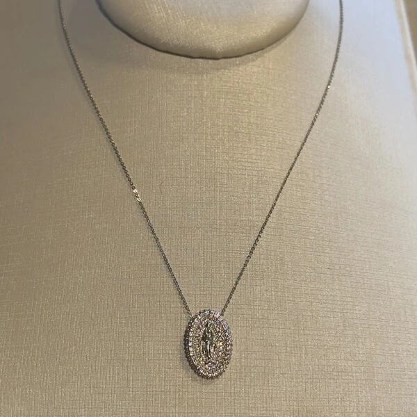 Colar Nossa Sra Oval com Zircônias em Ródio