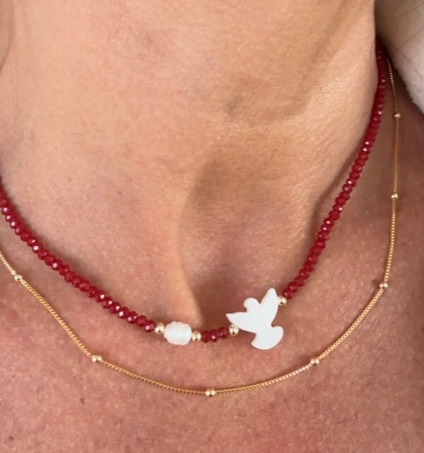 Colar Cristal com Pérola Natural e Espírito Santo