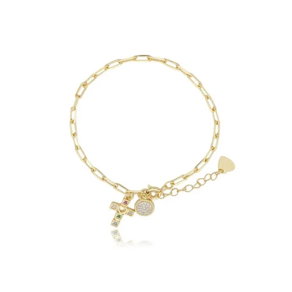 Pulseira Cartier com Cruz e Círculo Cravejado com Zircônias em Dourado