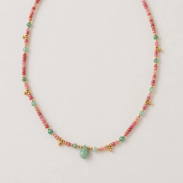 Colar Rodicrosita e Amazonita Entremeios Dourados