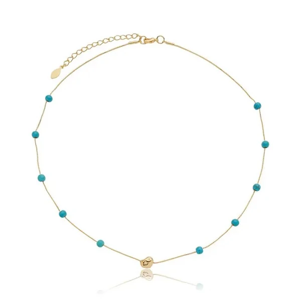 Colar Fino com Bolinhas de Turquesas em Dourado