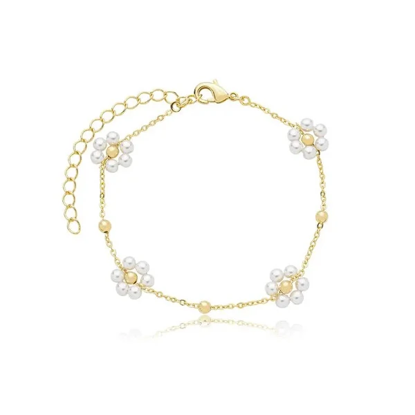 Pulseira com Flores de Perolinhas em Dourado