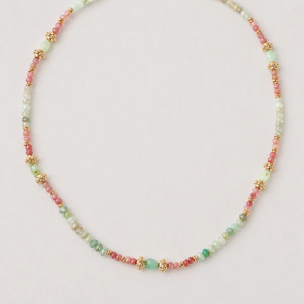 Colar Rodicrosita e Amazonita Entremeios Dourados