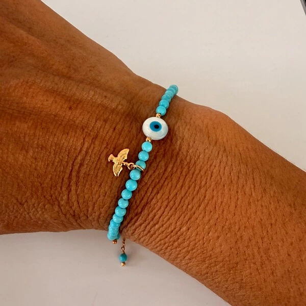 Pulseira Shamballa Turquesa com Olho Grego e Espírito Santo em Dourado
