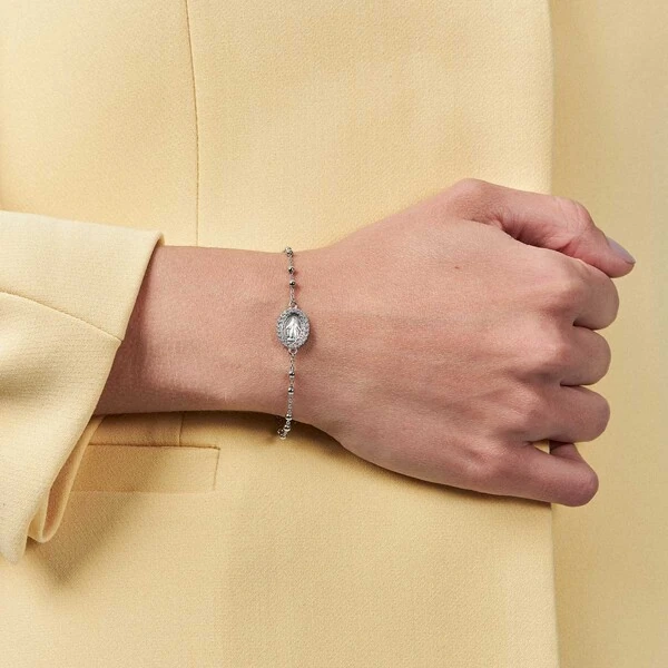 Pulseira Bolinhas com Nossa Senhora e Cruz Cravejada com Zircônias em Prata 925