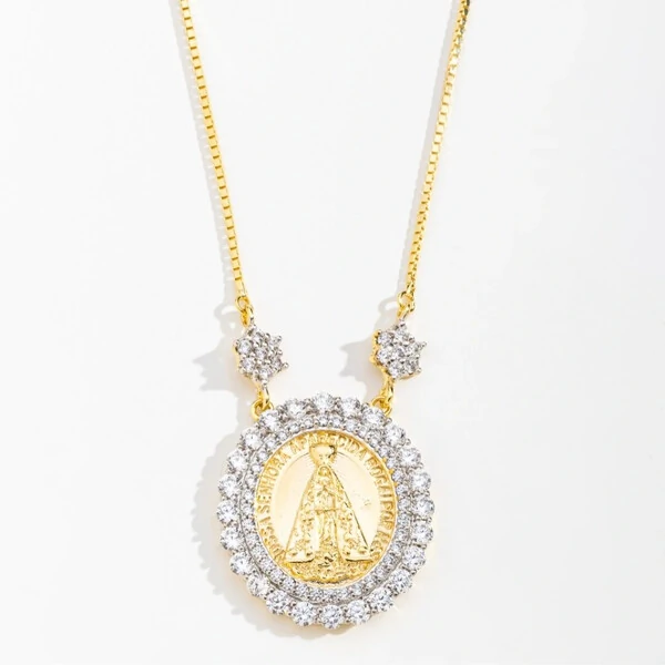 Colar N Sra Aparecida Zircônias laterais com Banho de Ouro em Prata 925