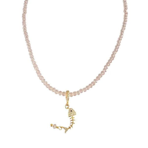 Colar Cristal com Pingente Peixe Cravejado com Zircônias em Dourado