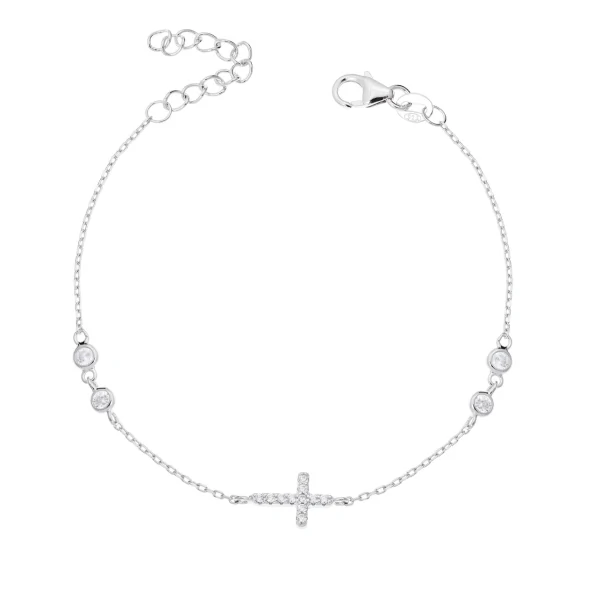 Pulseira Cruz e 2 Pontos de Luz em Prata 925