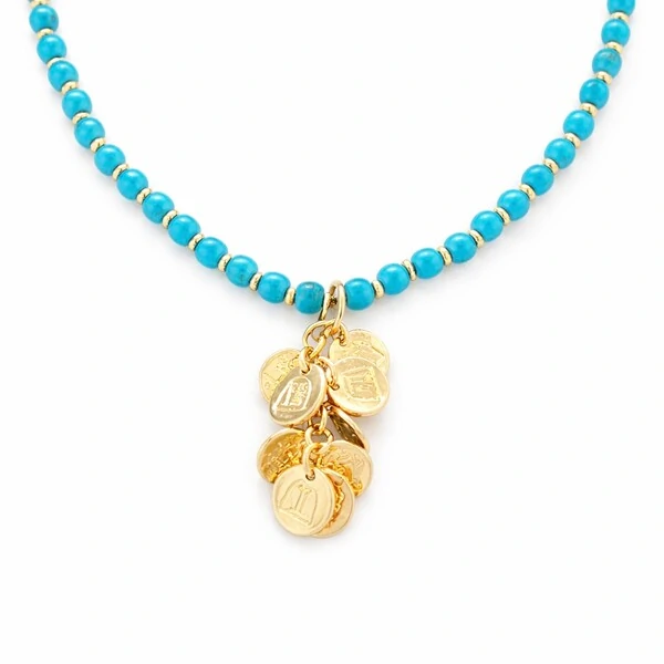 Colar Turquesa com Pingentes em Dourado