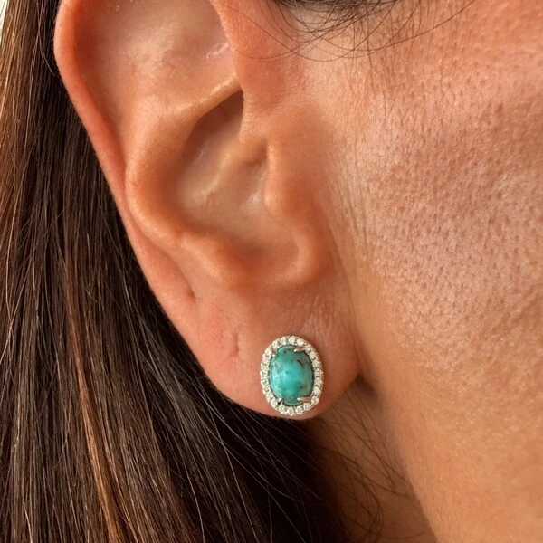 Brinco Princesa Oval em Turquesa e Zircônias em Prata 925