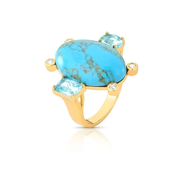 Anel Turquesa Oval com 1 Cristal Azul e 3 Zircônias em Dourado