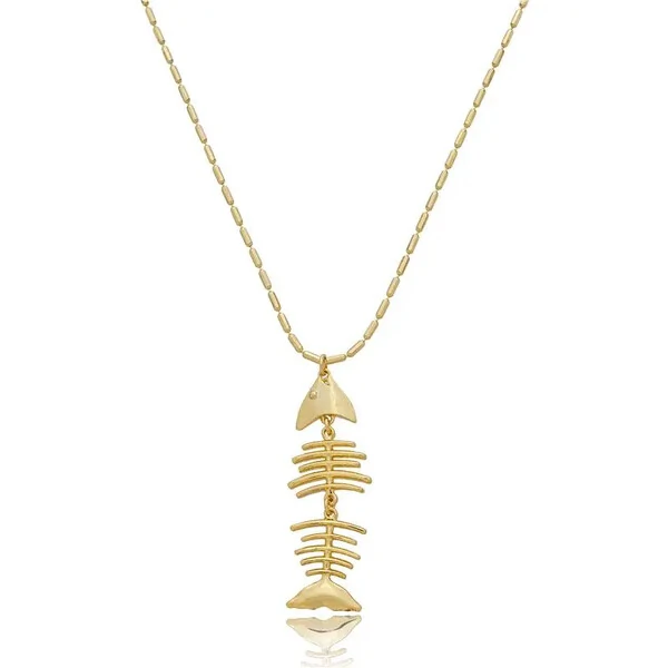 Colar Canutilhos Longo com Pingente de Peixe Maleável em Dourado