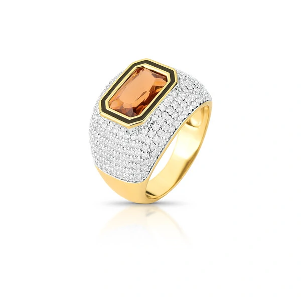 Anel Morganita Retangular Cravejado em Dourado