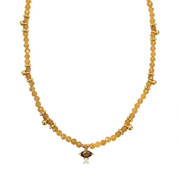 Colar Quartzo Natural com Entremeios Dourados e Pingente Navete