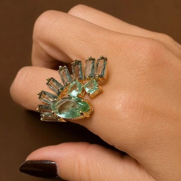 Anel Gota Aquamarine e Baguetes Cinzas em Dourado