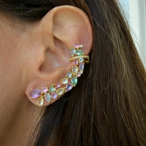 Brinco Earcuff com Pedras Colors em Dourado