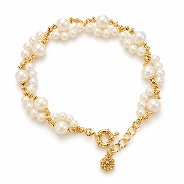 Pulseira Pérola Shell com Bolinhas em Dourado
