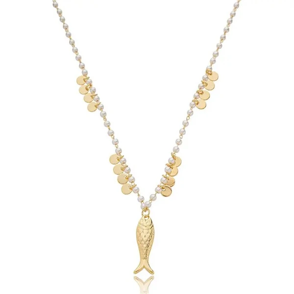 Colar Perolinhas com Plaquinhas e Peixinho em Dourado