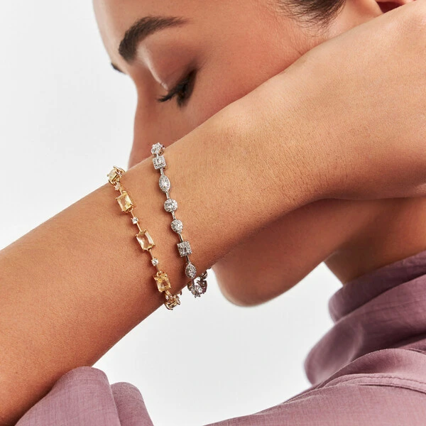 Pulseira Riviera Faca Citrino Retangular em Dourado