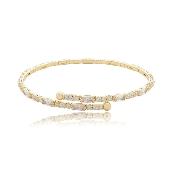 Bracelete Aberto com Zircônias Baguetadas em Dourado