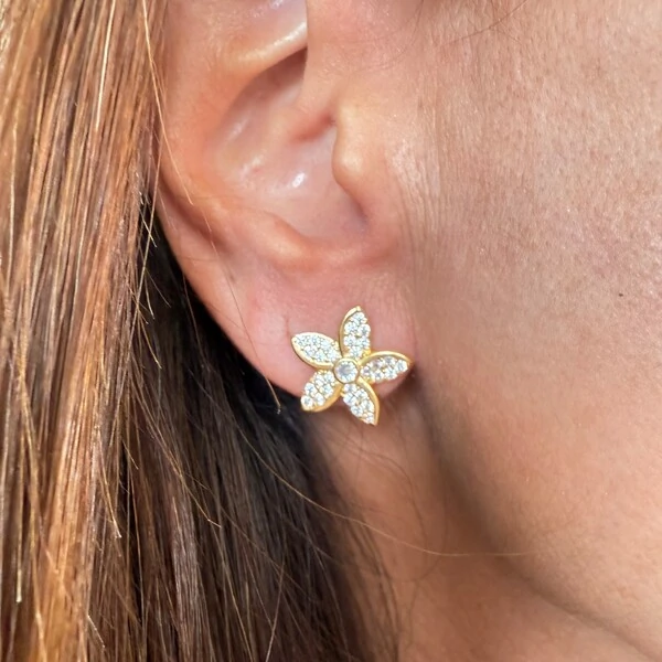 Brinco Flor 5 Pétalas Cravejadas com Zircônias em Dourado