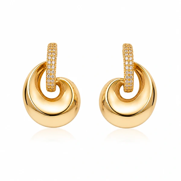 Brinco Gota Lisa e Filete Cravejado com Zircônias em Dourado