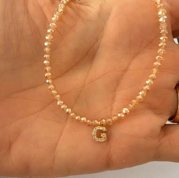 Colar Cristal Dourado com Letra Inicial Cravejada com Zircônias em Dourado