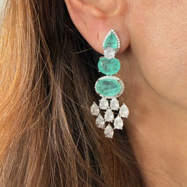 Brinco 3 Paraíbas Fusion com Gotas de Zircônias em Ródio