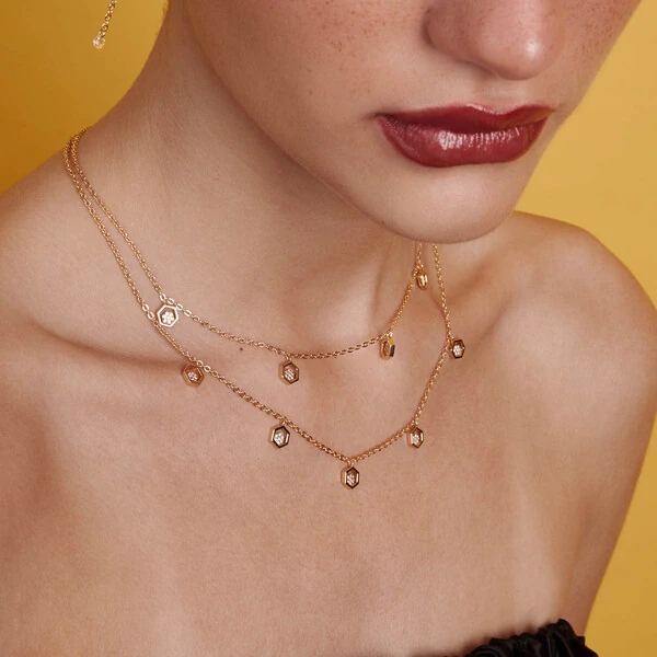 Colar Duplo Colmeia com Zircônias em Prata 925